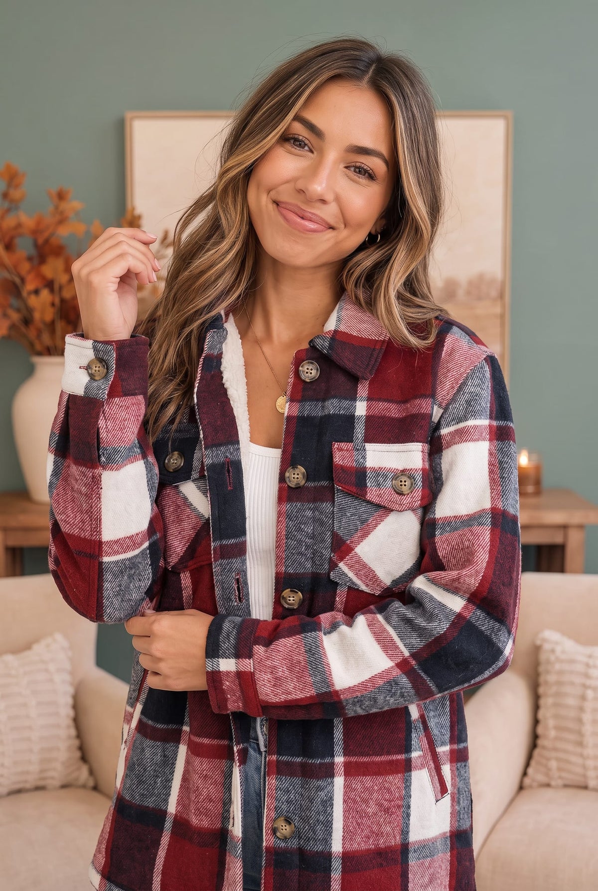 Plaid flannel shacket with sherpa lining, photo 4 of 4