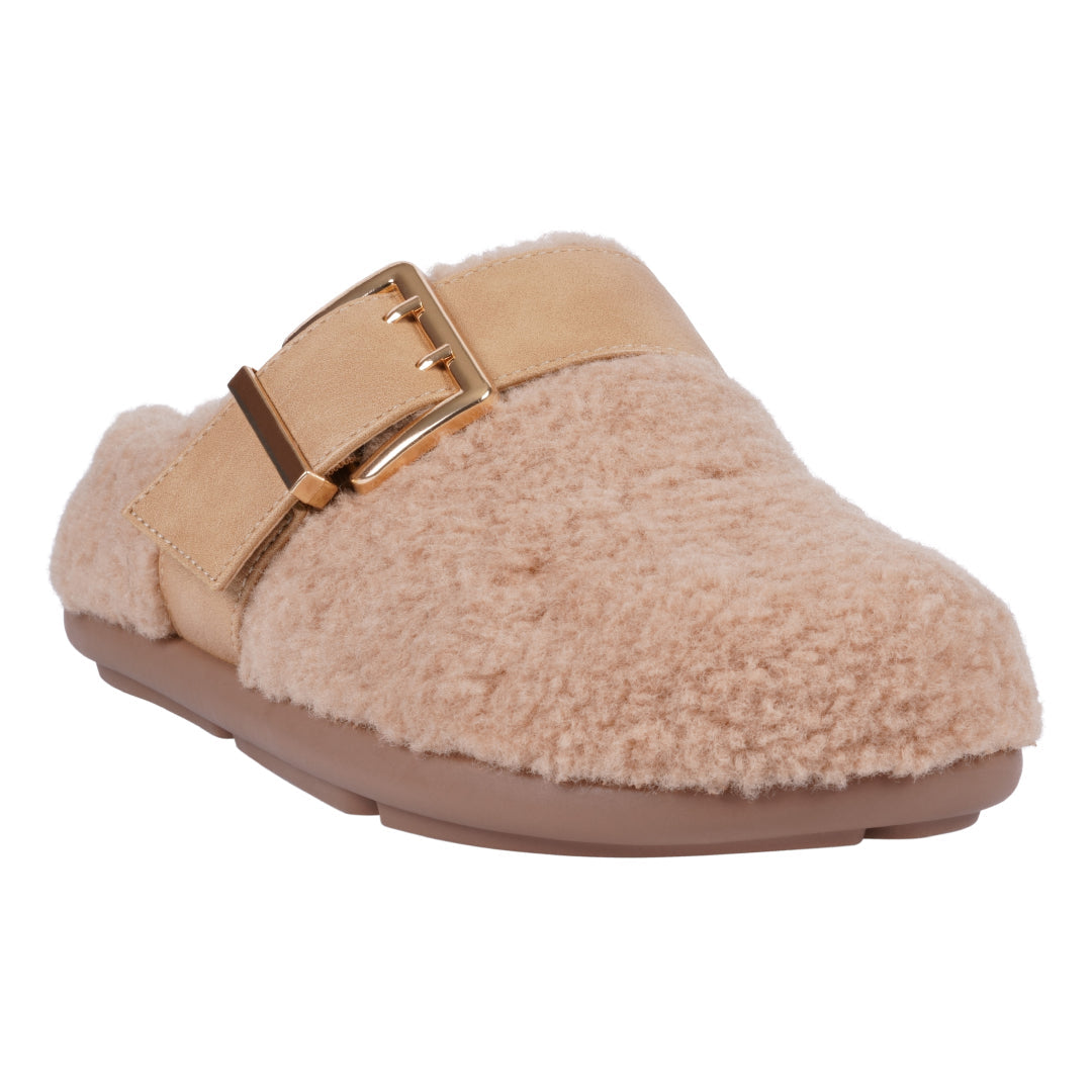 Tan plush mule slipper with buckle, photo 1 of 5