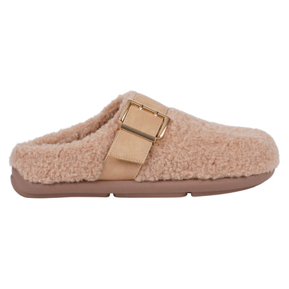 Tan plush mule slipper with buckle, photo 2 of 5