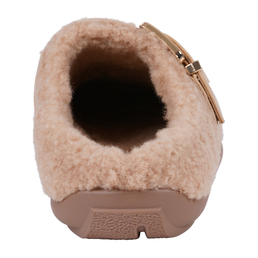 Tan plush mule slipper with buckle, photo 3 of 5
