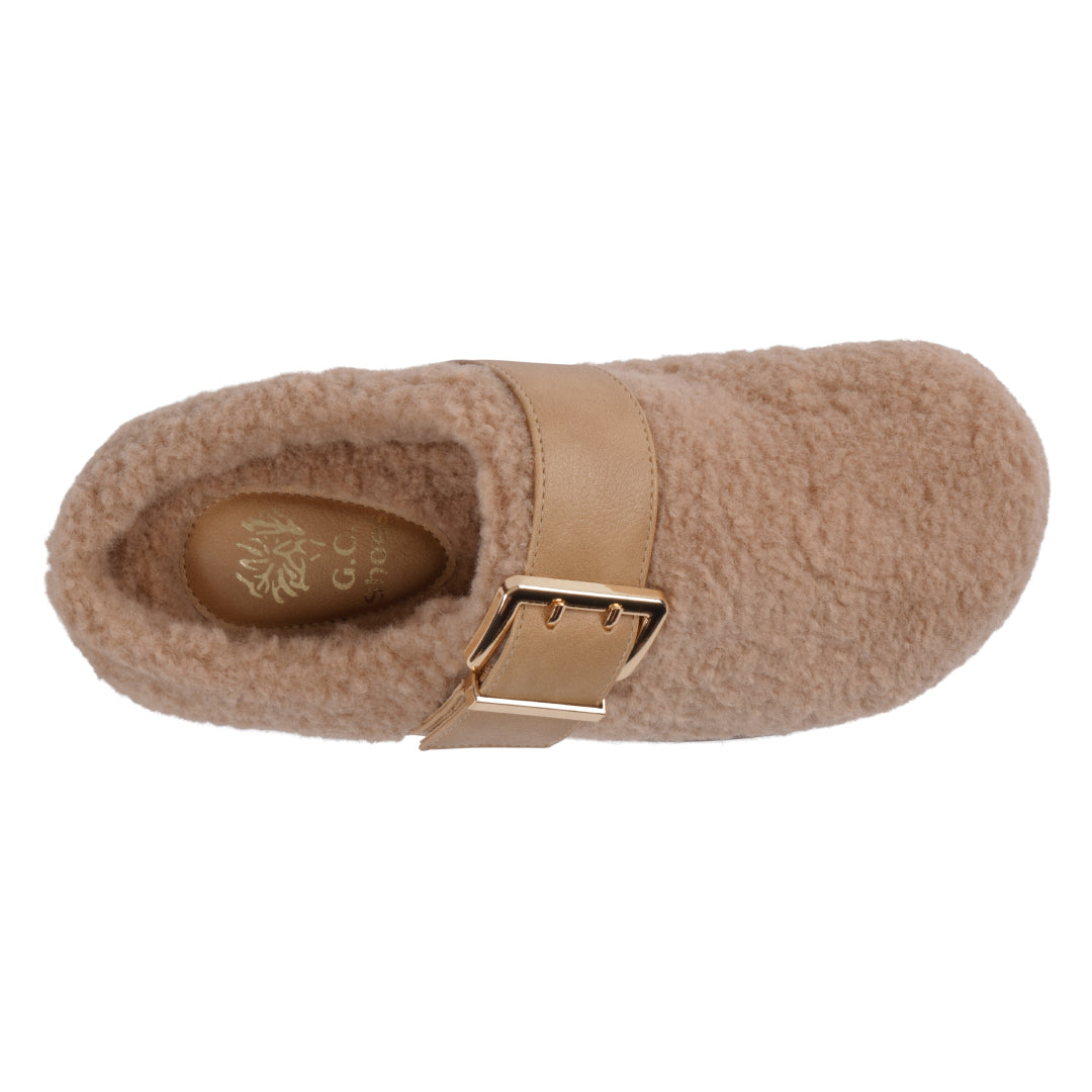 Tan plush mule slipper with buckle, photo 4 of 5