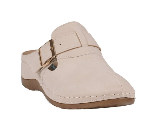 Natural clog with buckle strap and animal print accent, photo 1 of 5