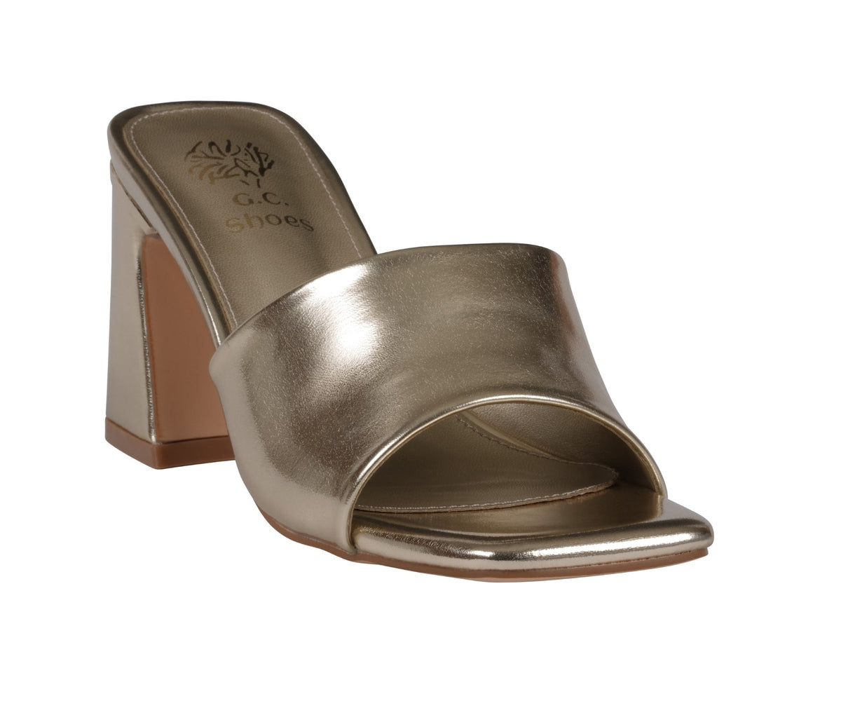 Gold square toe heeled sandals, photo 1 of 8
