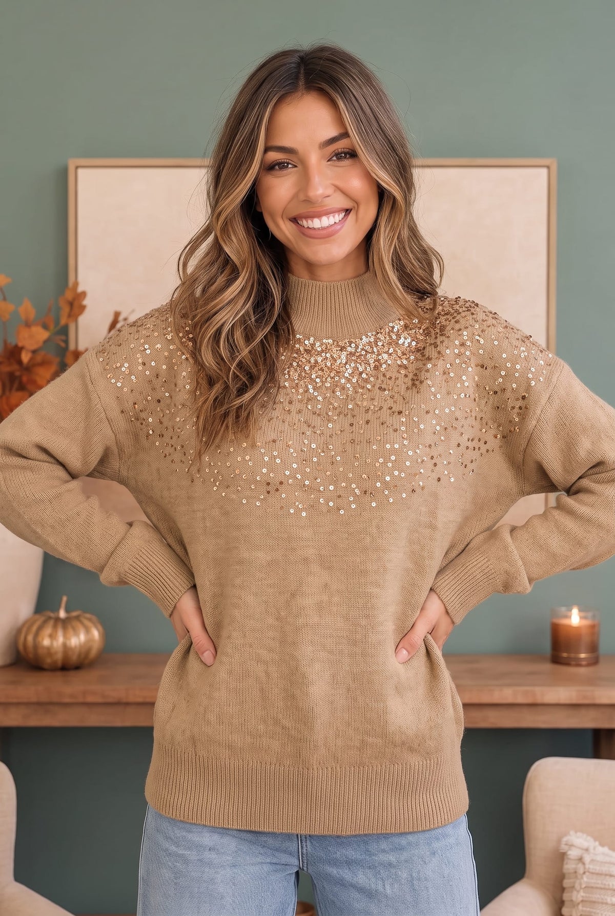 Mock neck knit sweater with gold sequin yoke, photo 4 of 4