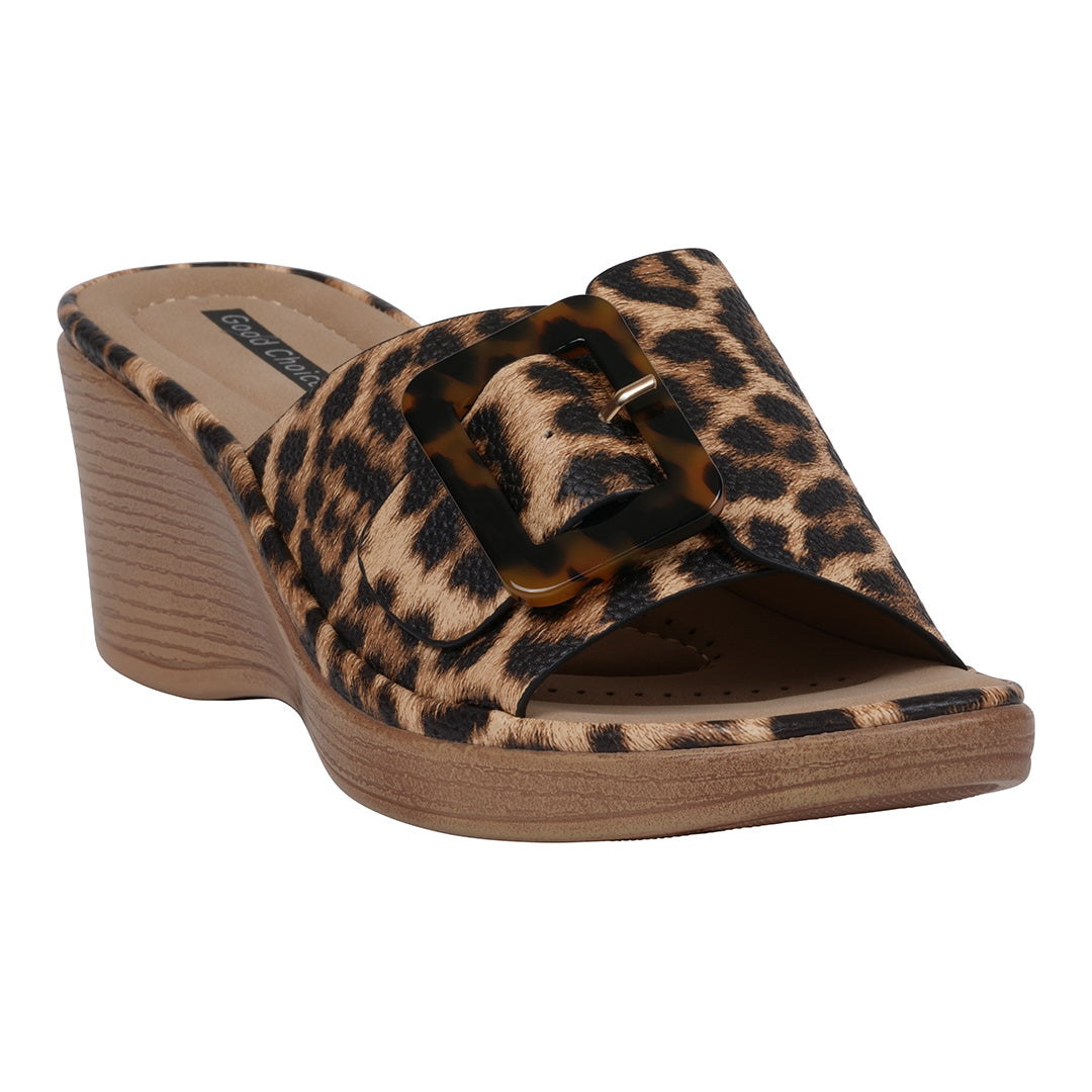 Leopard wedge sandals with buckle detail, photo 1 of 5