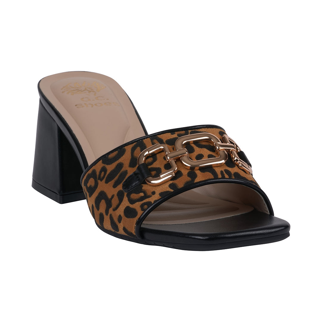Black leopard heeled sandals with metallic hardware, photo 1 of 5