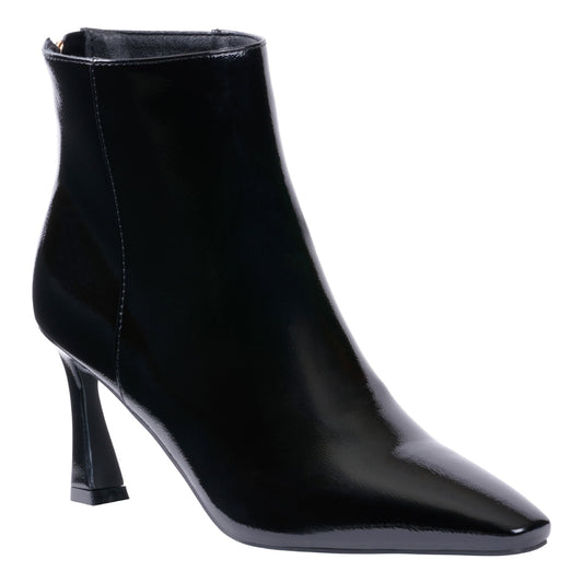 Glossy black pointed toe bootie with flared heel, photo 1 of 5