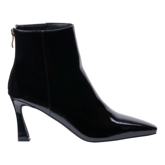Glossy black pointed toe bootie with flared heel, photo 2 of 5