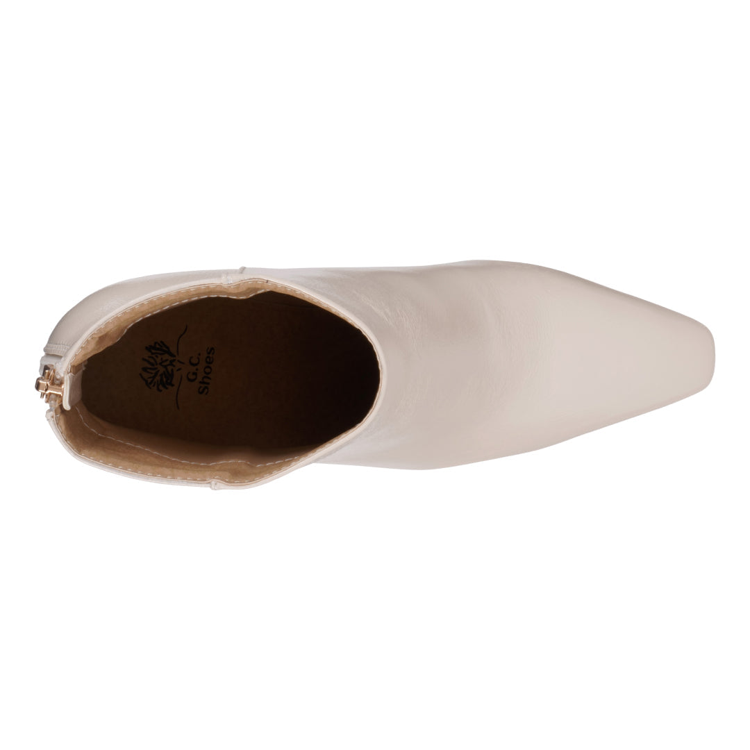 Glossy off white pointed toe bootie with flared heel, photo 4 of 5