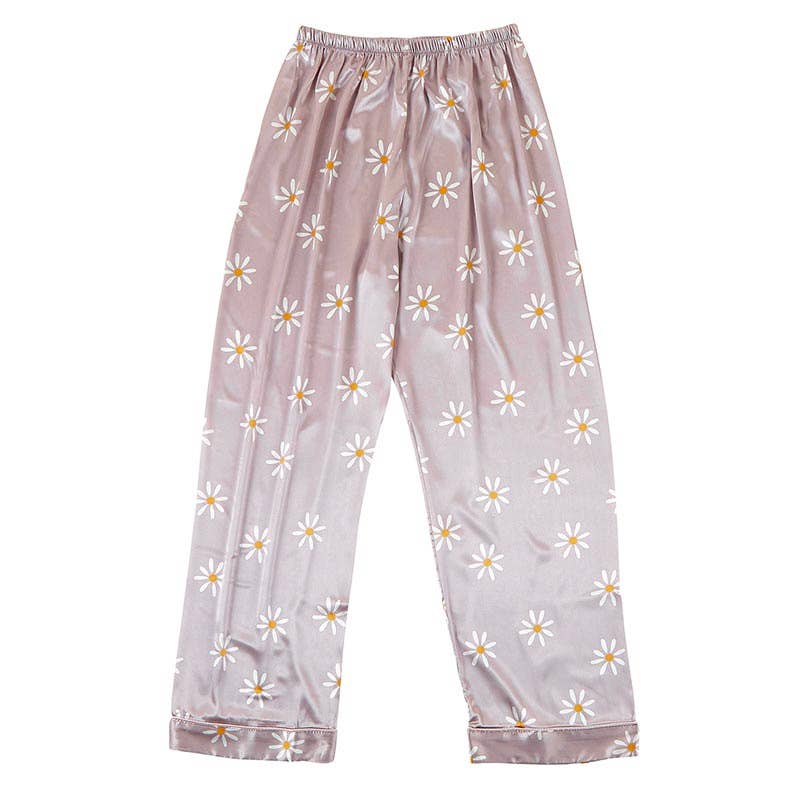 Daisy print satin long sleeve pajama set with full length pants, photo 3 of 7