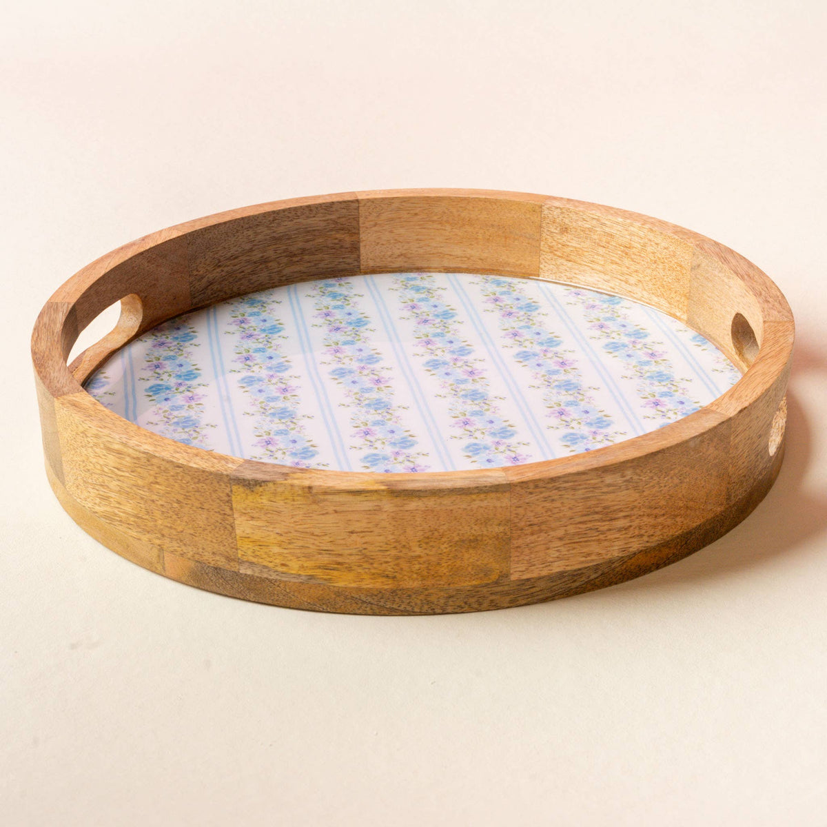 Large round wood enamel tray with blue floral design, photo 2 of 4