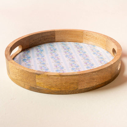 Large round wood enamel tray with blue floral design, photo 2 of 4