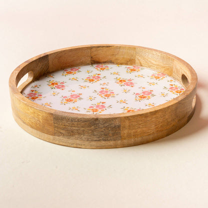Cream large round wood enamel tray, photo 2 of 3