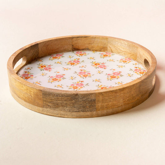 Cream large round wood enamel tray, photo 2 of 3