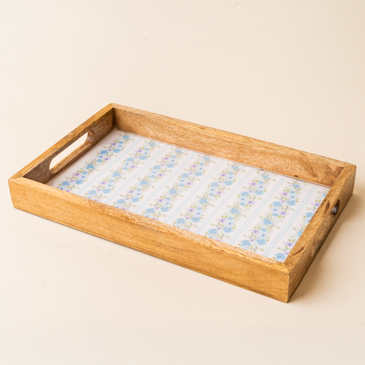 Rectangle wood enamel tray with blue floral design, photo 2 of 4