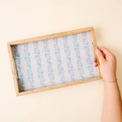 Rectangle wood enamel tray with blue floral design, photo 1 of 4