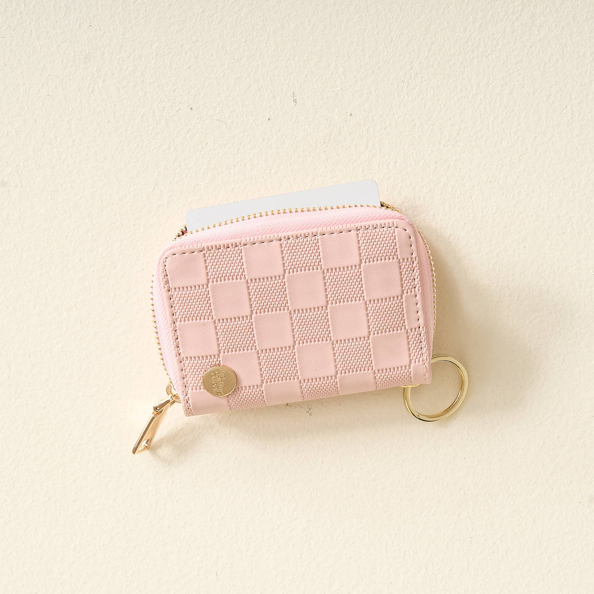 Blush pink checkered zip around card wallet, photo 3 of 6