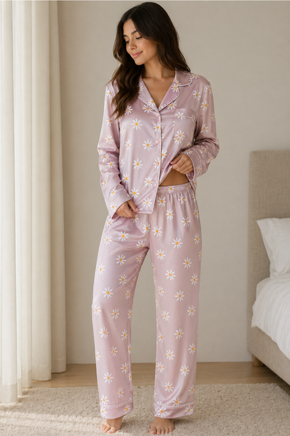 Daisy print satin long sleeve pajama set with full length pants, photo 1 of 7