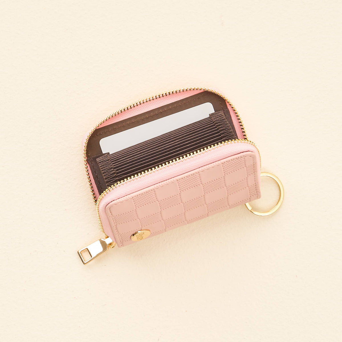 Blush pink checkered zip around card wallet, photo 2 of 6